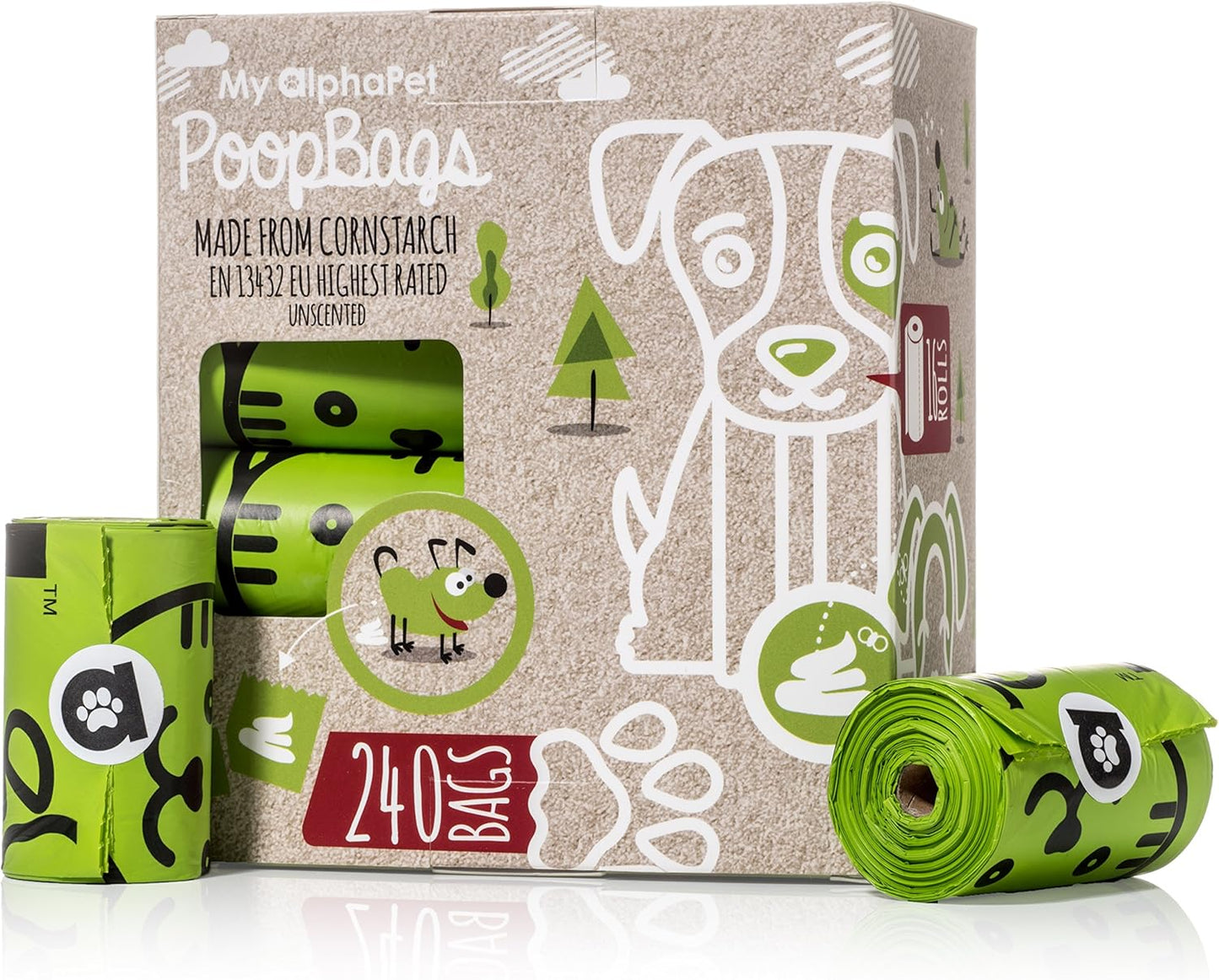 Compostable Dog Poop Bags, Cornstarch Eco-Friendly, HOME COMPOST NF T 51-800, 240 Count, Large Size Bag 9X13 Inches, 16 Unscented Refill Rolls, Leak-Proof, Plantbased, Gm-Free Corn (Green)