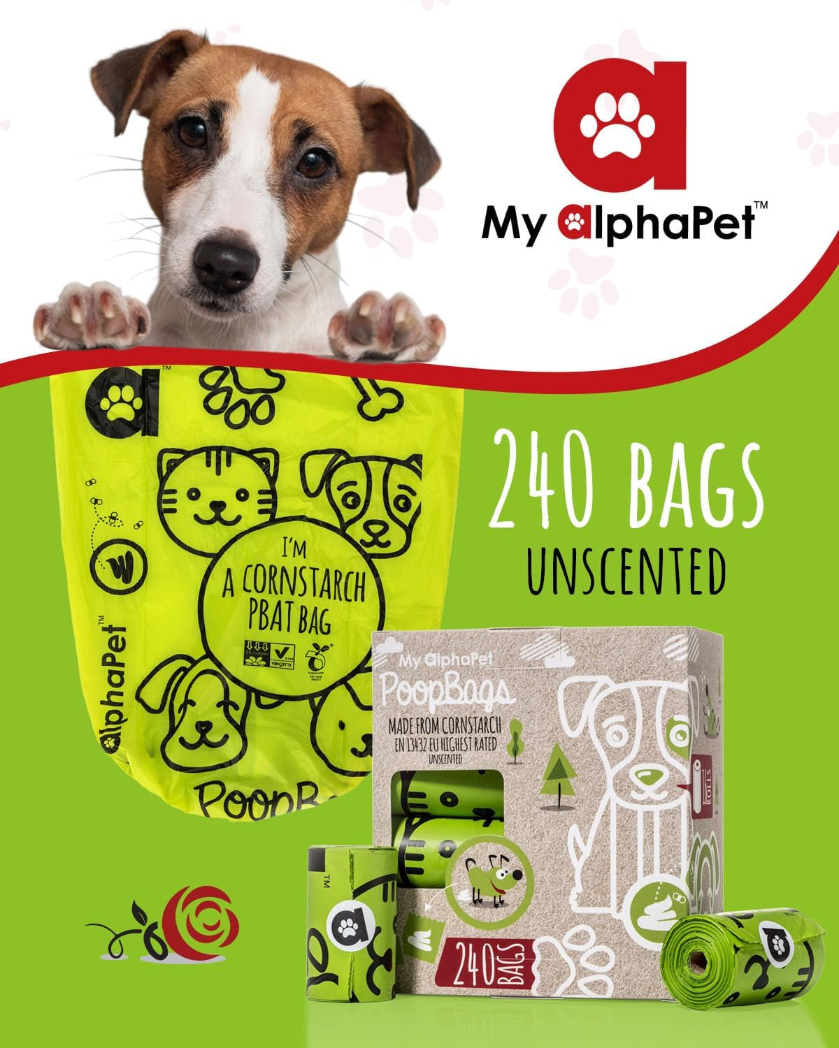 Compostable Dog Poop Bags, Cornstarch Eco-Friendly, HOME COMPOST NF T 51-800, 240 Count, Large Size Bag 9X13 Inches, 16 Unscented Refill Rolls, Leak-Proof, Plantbased, Gm-Free Corn (Green)