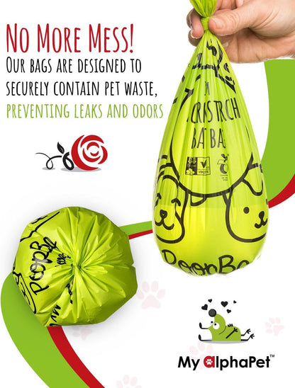 Compostable Dog Poop Bags, Cornstarch Eco-Friendly, HOME COMPOST NF T 51-800, 240 Count, Large Size Bag 9X13 Inches, 16 Unscented Refill Rolls, Leak-Proof, Plantbased, Gm-Free Corn (Green)